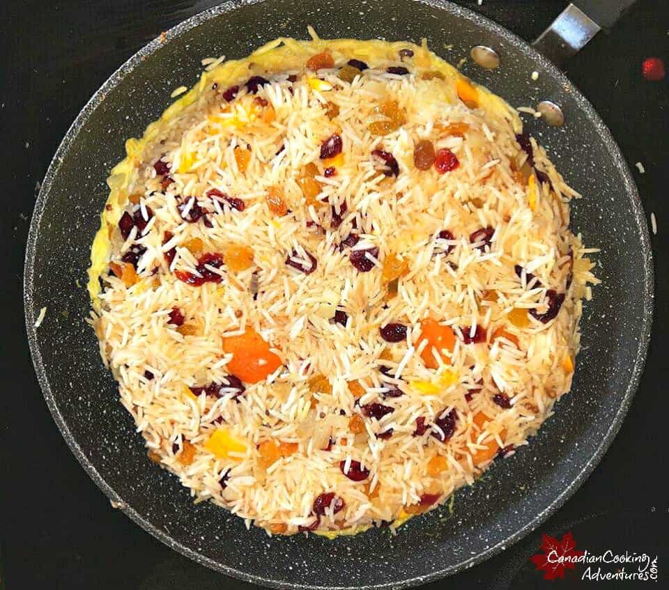 Persian Jeweled Rice (Javaher Polow) in frying pan