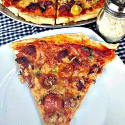Farmers Sausage with Basil and Baby Tomatoes Pizza