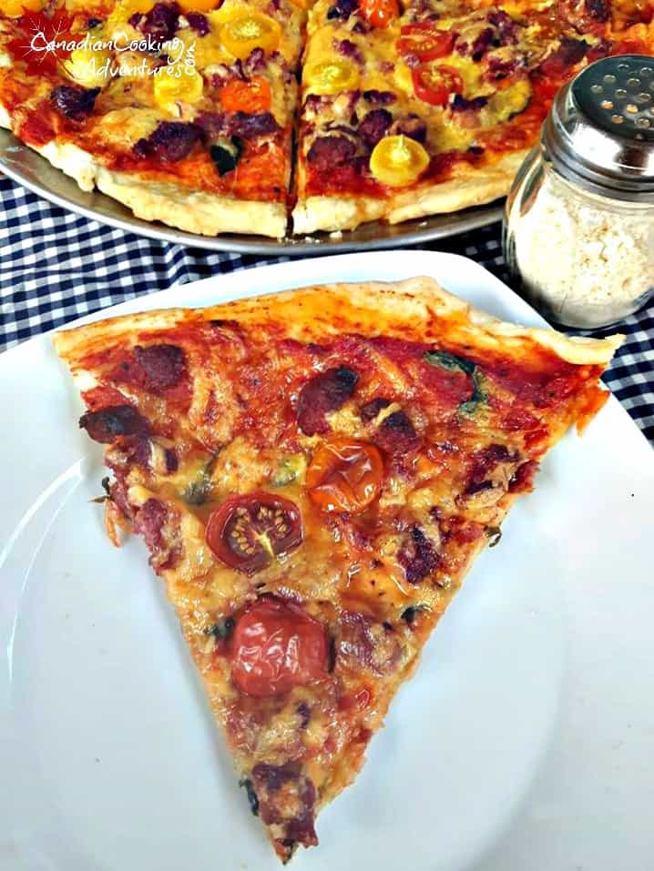 Farmers Sausage with Basil and Baby Tomatoes Pizza
