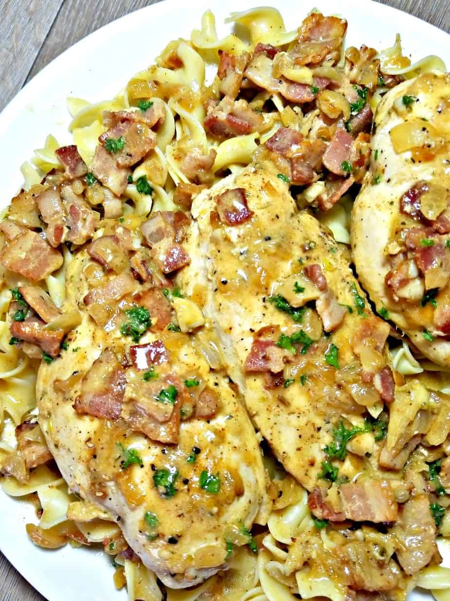 Chicken and Bacon in a Dijon Mustard Sauce in the skillet
