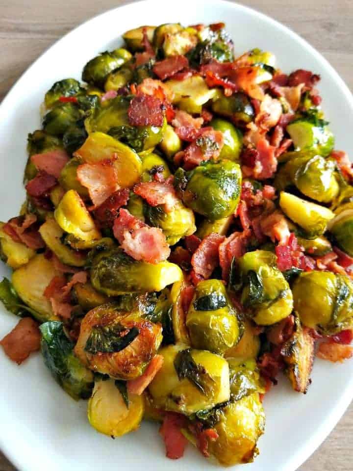 Brussel Sprouts with Bacon and Balsamic on a white plate