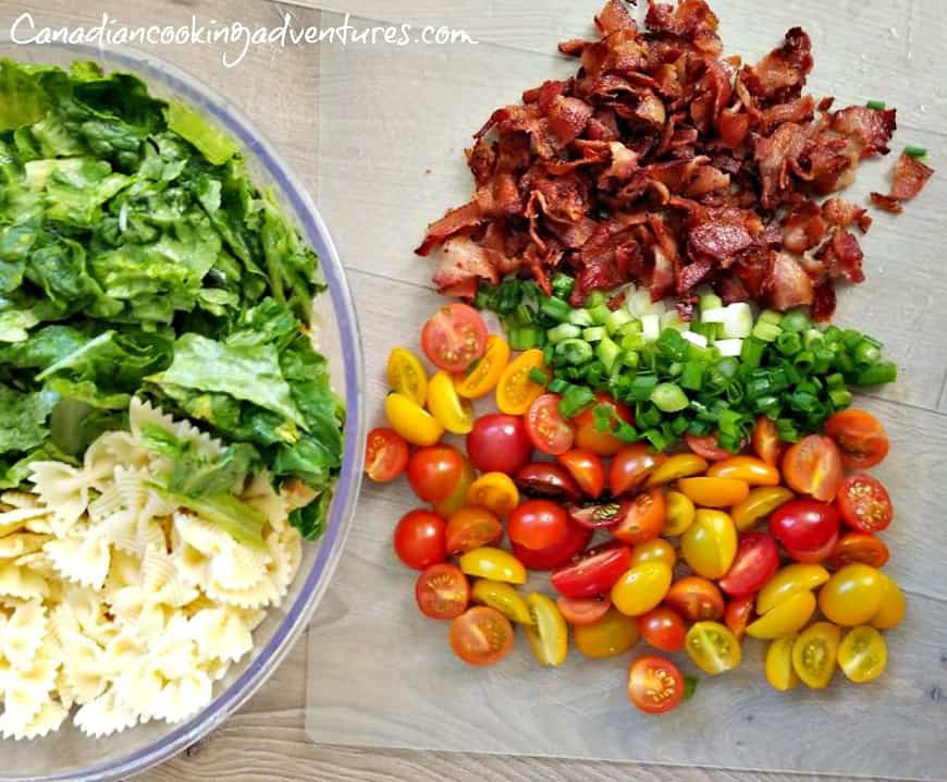 MAKING A bacon lettuce tomato pasta salad