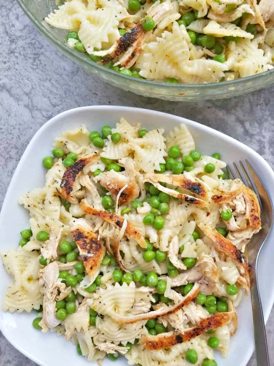 chicken pea pasta salad in a white bowl