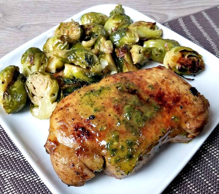 Honey Mustard Pork Chops with brussel sprouts 
