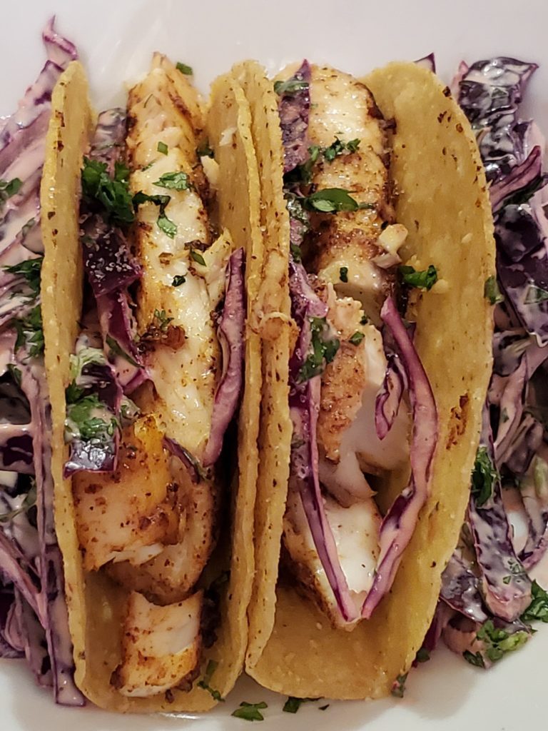 Fried Fish Taco Recipe with red cabbage slaw