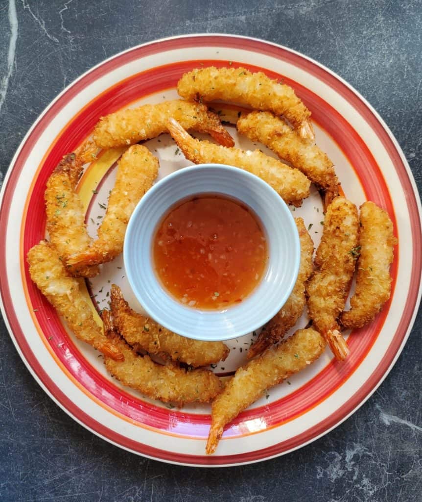 Air Fryer Popcorn Shrimp with chili dipping sauce